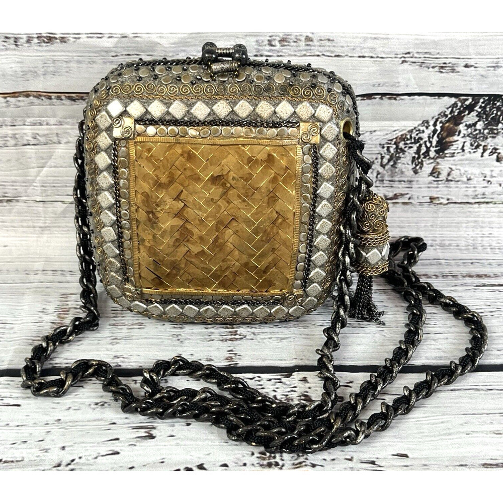 Vintage Metallic Gold Magnetic Snap Crossbody Purse Handbag Bag Wedding Evening
